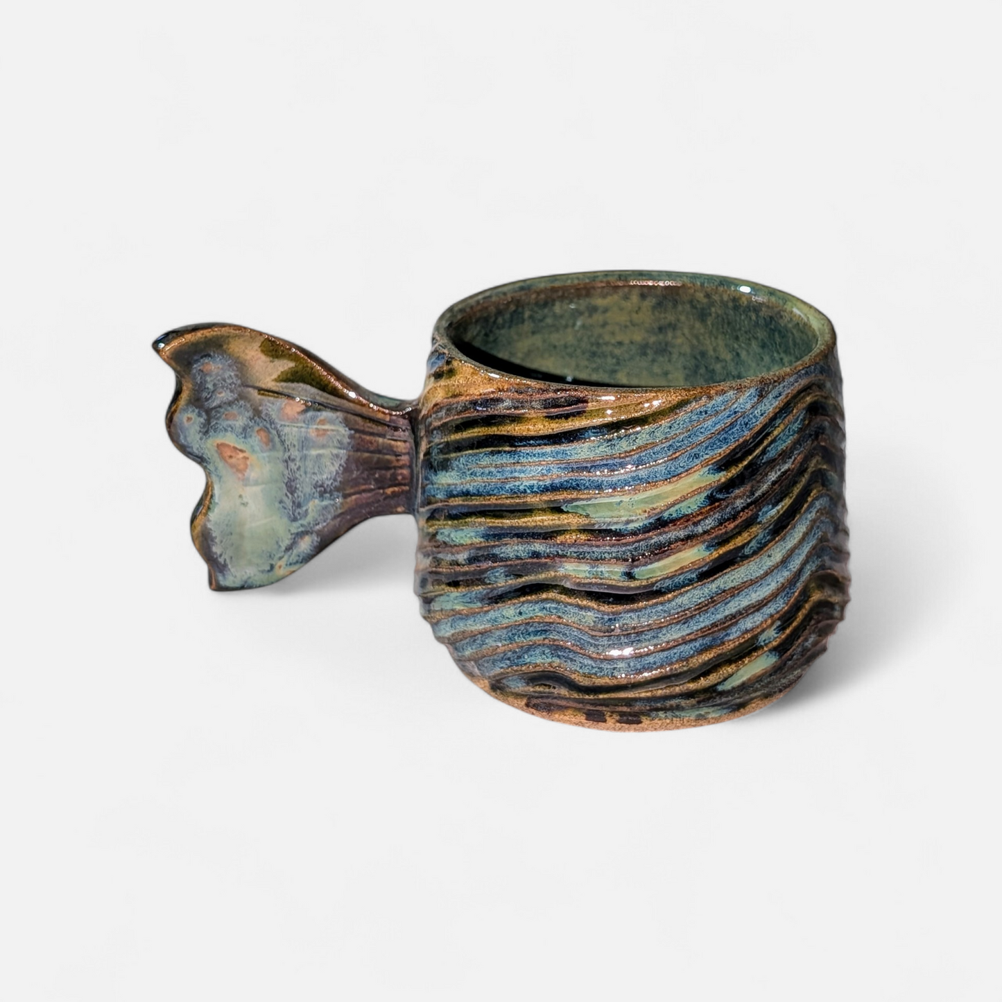 Sculptural Ceramic Fish Tail Mug – Scale & Wave Variants