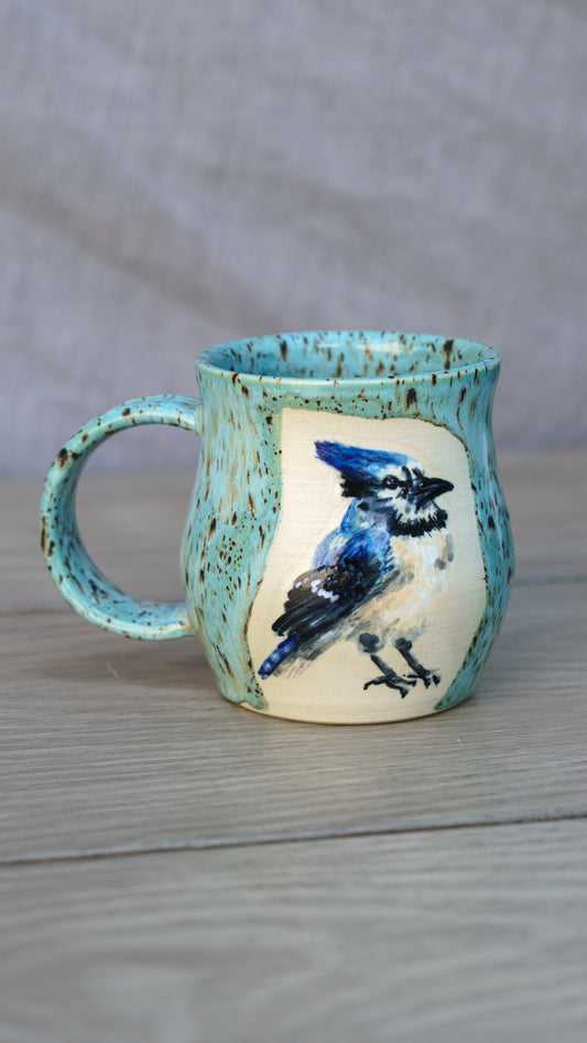Hand-Painted Blue Jay Artisan Pottery Mug | Unique Nature-Inspired Ceramic Coffee Cup