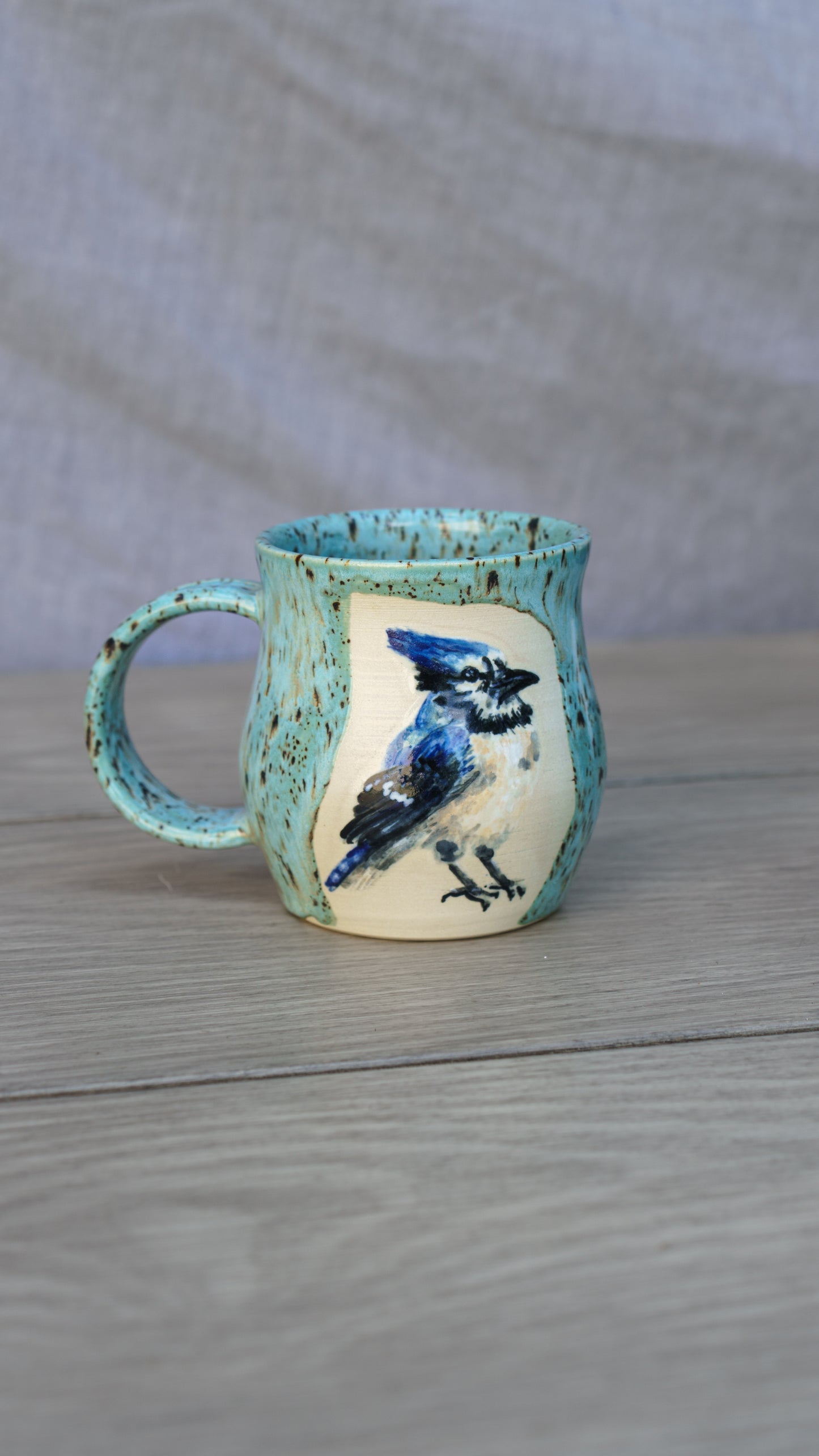 Hand-Painted Blue Jay Artisan Pottery Mug | Unique Nature-Inspired Ceramic Coffee Cup