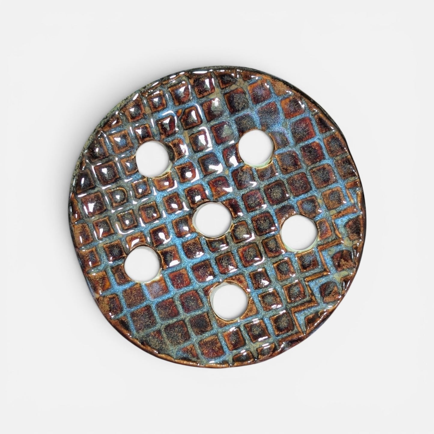 Textured Grid Ceramic Flower Frog Lid - Earth & Blue Gloss