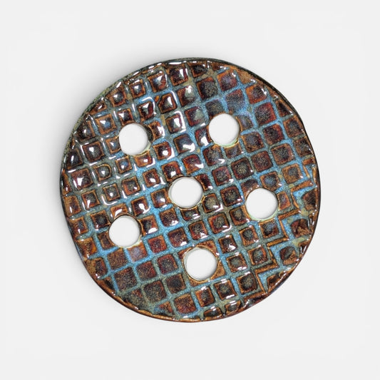 Textured Grid Ceramic Flower Frog Lid - Earth & Blue Gloss