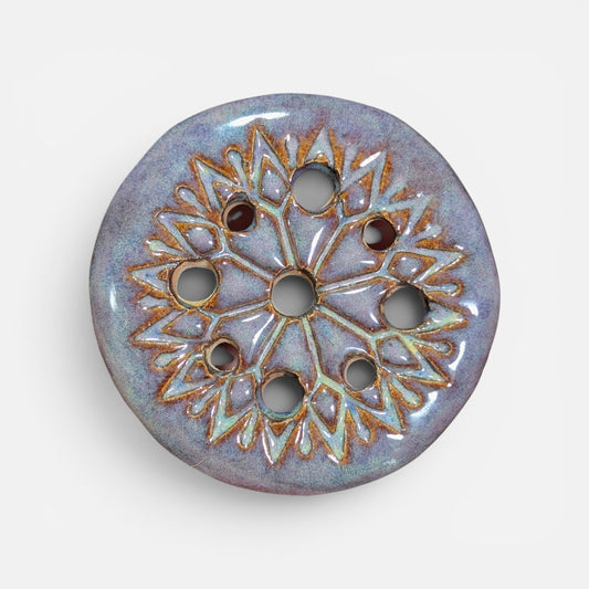 Hand-Carved Starburst Ceramic Flower Frog Lid - Lavender & Moss