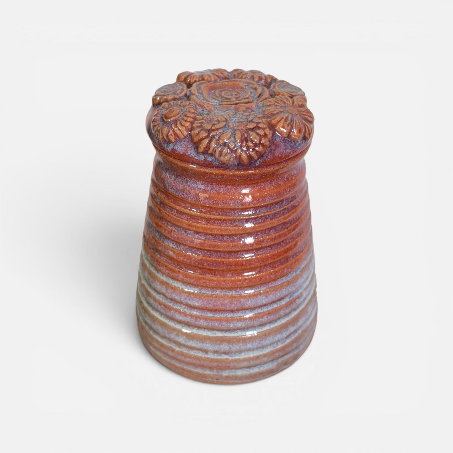 Hand-Thrown Ribbed Jar with Carved Floral Lid