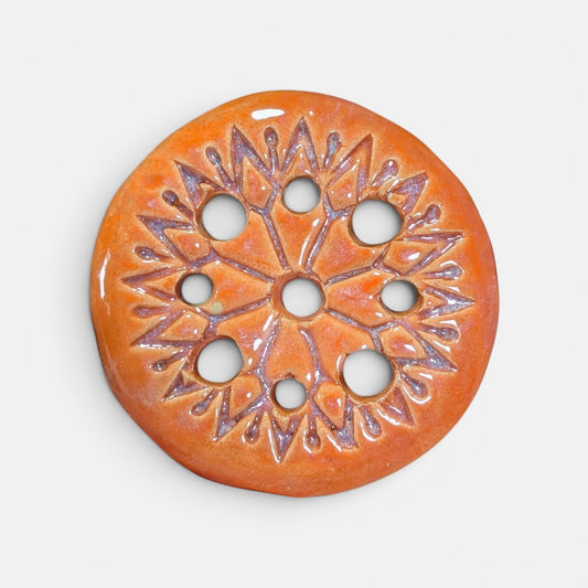 Hand-Carved Starburst Ceramic Flower Frog Lid - Vintage Orange